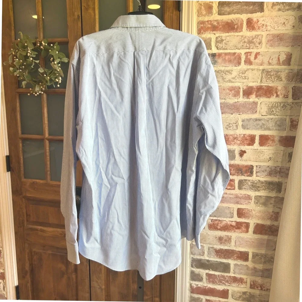 Lands' End Button Down Shirt Men XL Blue White Striped No Iron Pinpoint Oxford